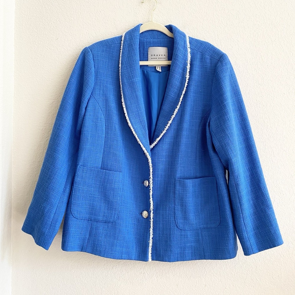GRAVER Susan Graver Sky Blue Tweed Shawl Collar Blazer Jacket Fray Trim Sz 20W